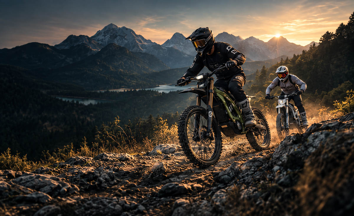 Deux pilotes face au lac et aux montagnes au coucher du soleil